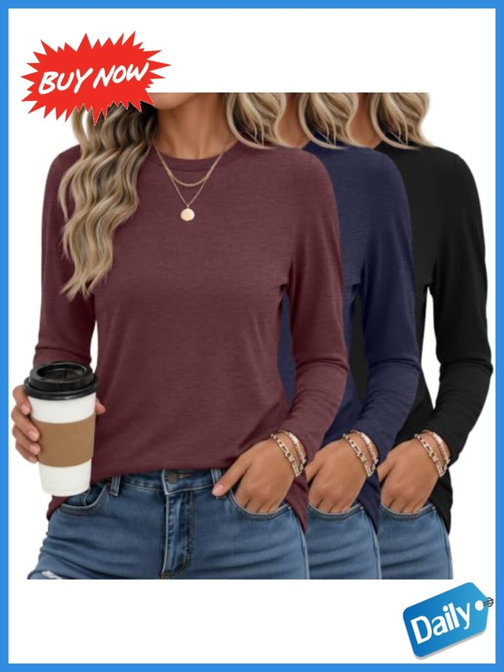 Women's Long Sleeve Crewneck T-Shirt 3 Pack Soft Stretch Casual Top